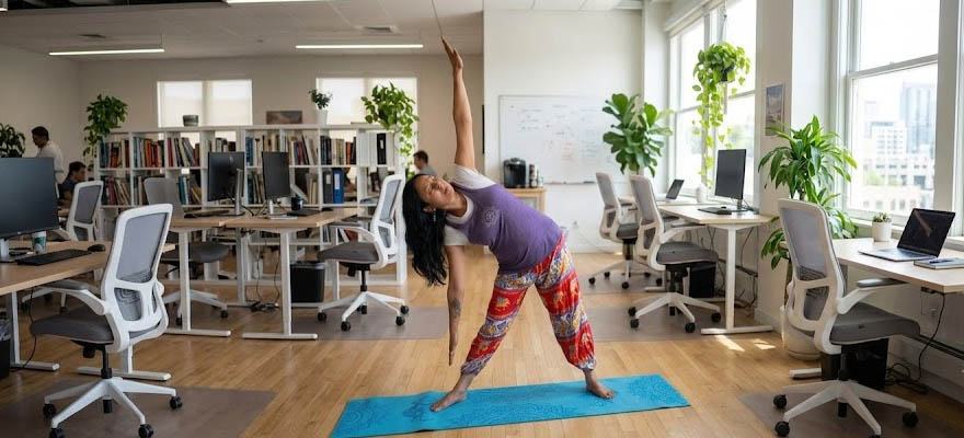 Office worker doing desk yoga stretches to relieve tension and improve posture in the workplace