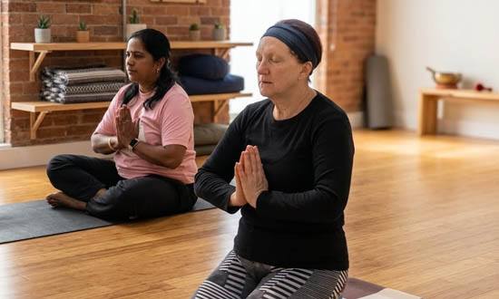 Sushma Srivastava leading an interactive corporate mindfulness and desk yoga workshop for Bay Area businesses