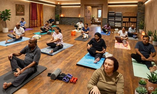 Sushma Srivastava guiding a community group yoga class focusing on breath and alignment