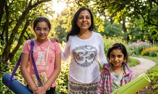Sushma Srivastava teaching mindful breathing and yoga postures to children in a supportive Bay Area class